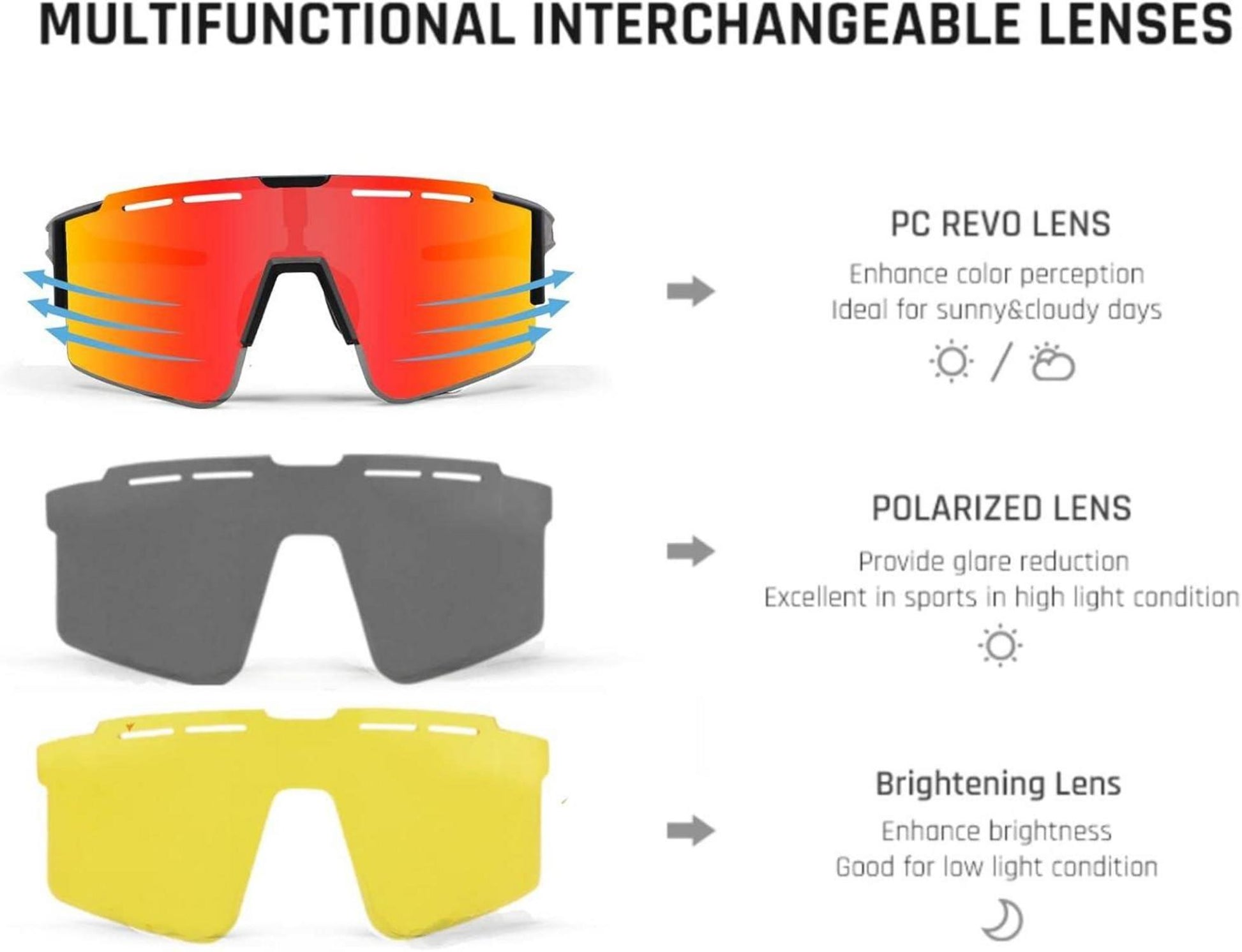 Fahrradbrille Polarisierte Sonnenbrille UV400 OutdoorSportarten 3 Gläser