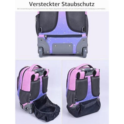 Trolley Rucksack mit Rollen – Schulranzen für Kinder & Teenager Pink Blumen