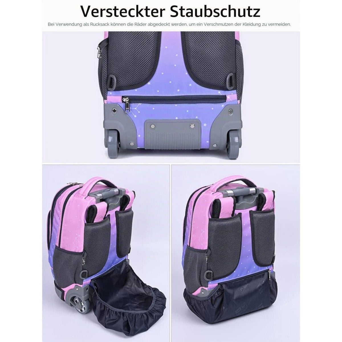Trolley Rucksack mit Rollen – Wasserdichter Kinder Schulranzen Pink Lila