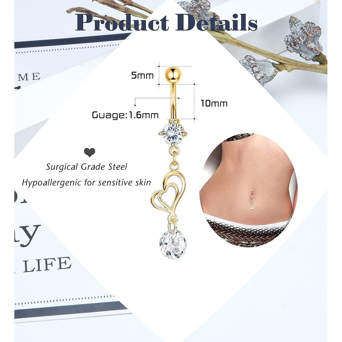Bauchnabelpiercing Set 6 Stück 14G Chirurgenstahl mit Zirkonia Gold