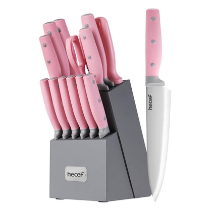 14-tlg. Messerset Edelstahl mit Holzblock & Schere (Rosa)
