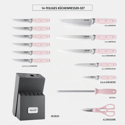 14-tlg. Messerset Edelstahl mit Holzblock & Schere (Rosa)
