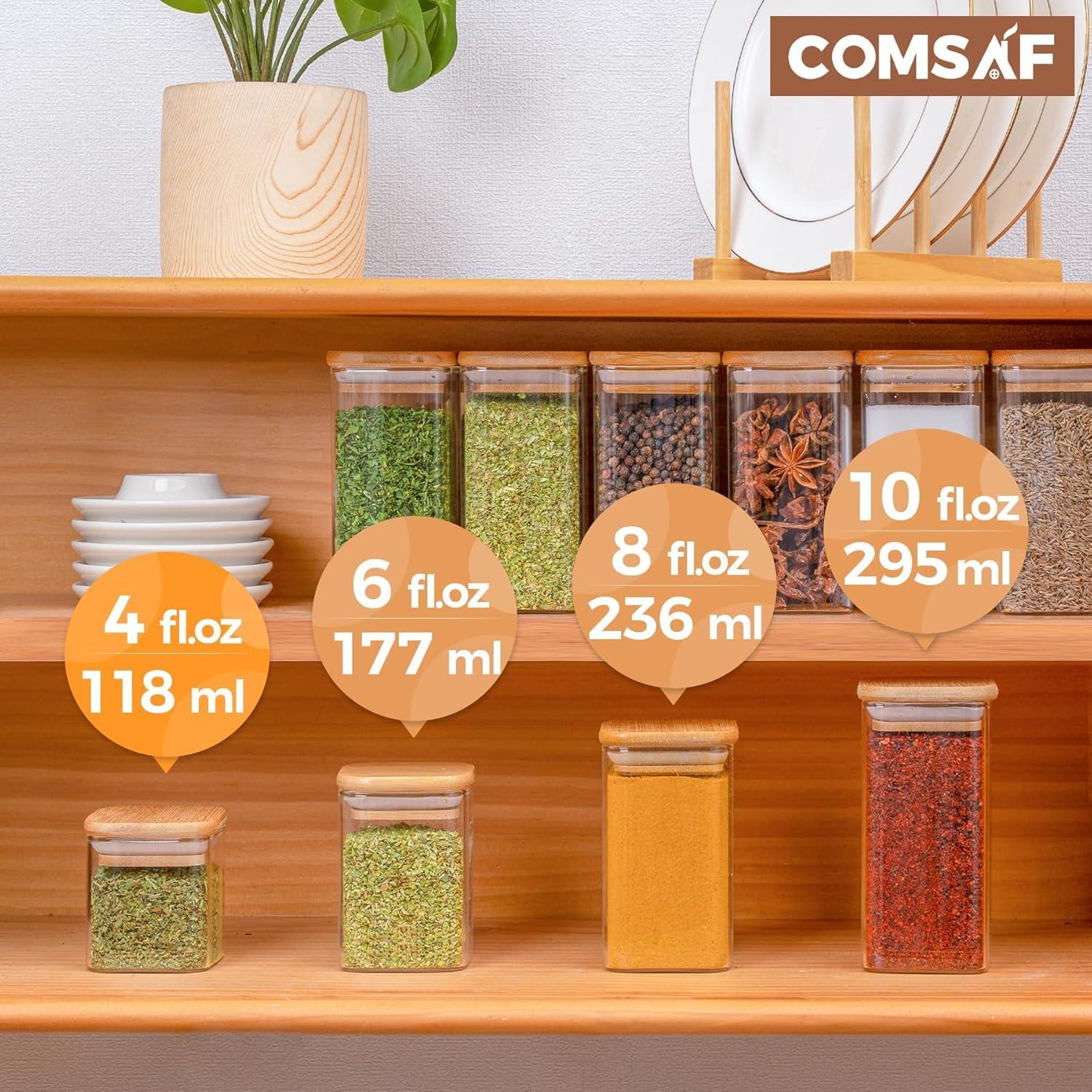 Gewürzgläser Set mit Holzdeckel, 120ml, quadratisch, mit Etiketten, 12 Stück