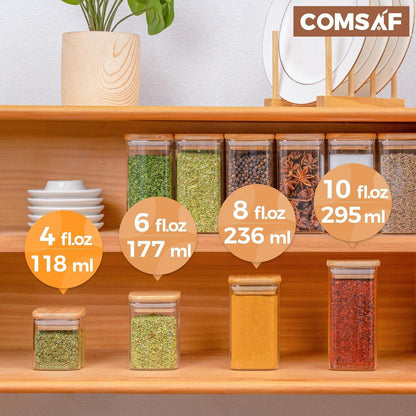 Gewürzgläser Set mit Holzdeckel, 120ml, quadratisch, mit Etiketten, 12 Stück