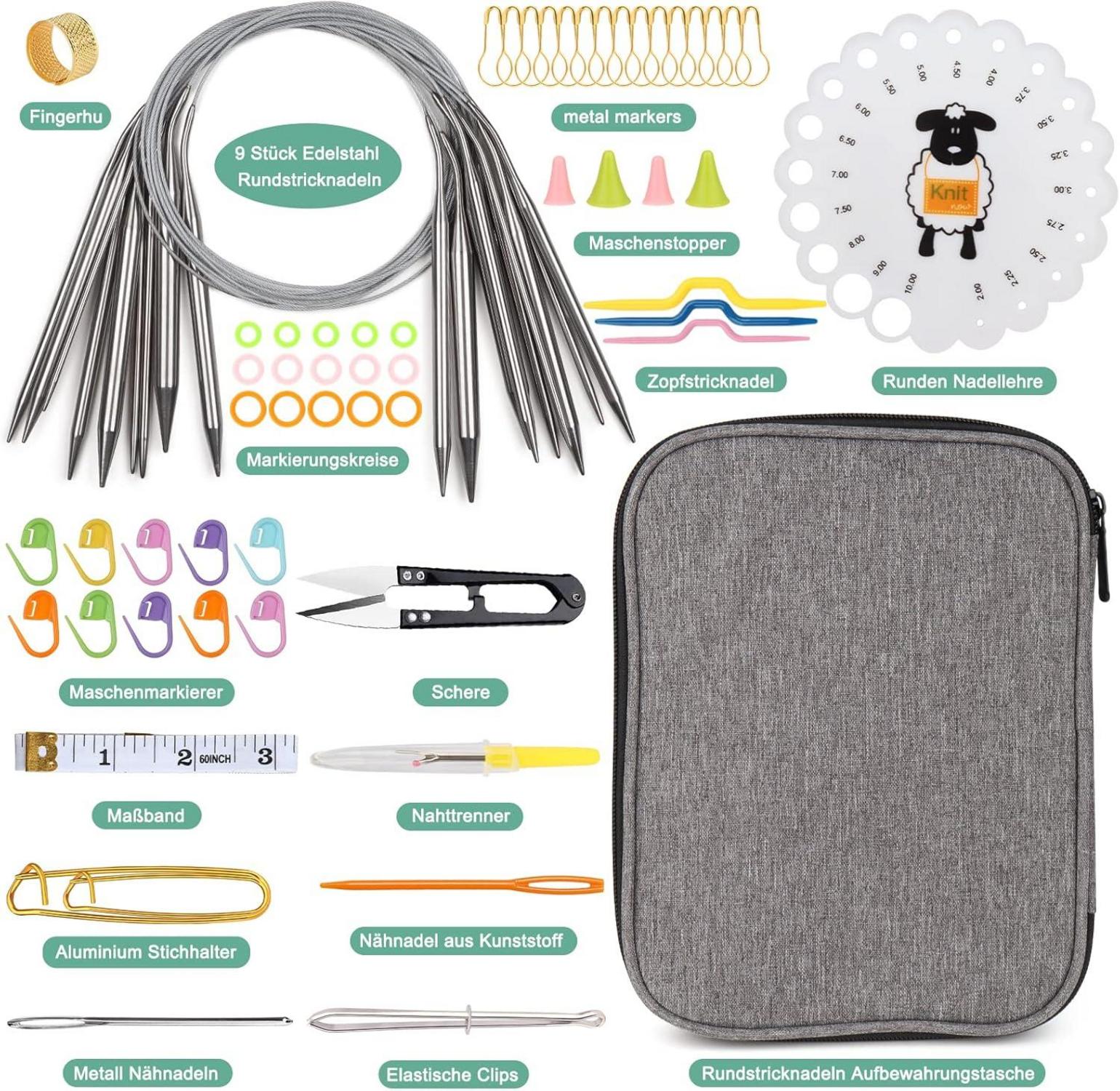 Edelstahl Rundstricknadel Set mit Tasche, 9 Stück 80 cm, 2,5-10 mm