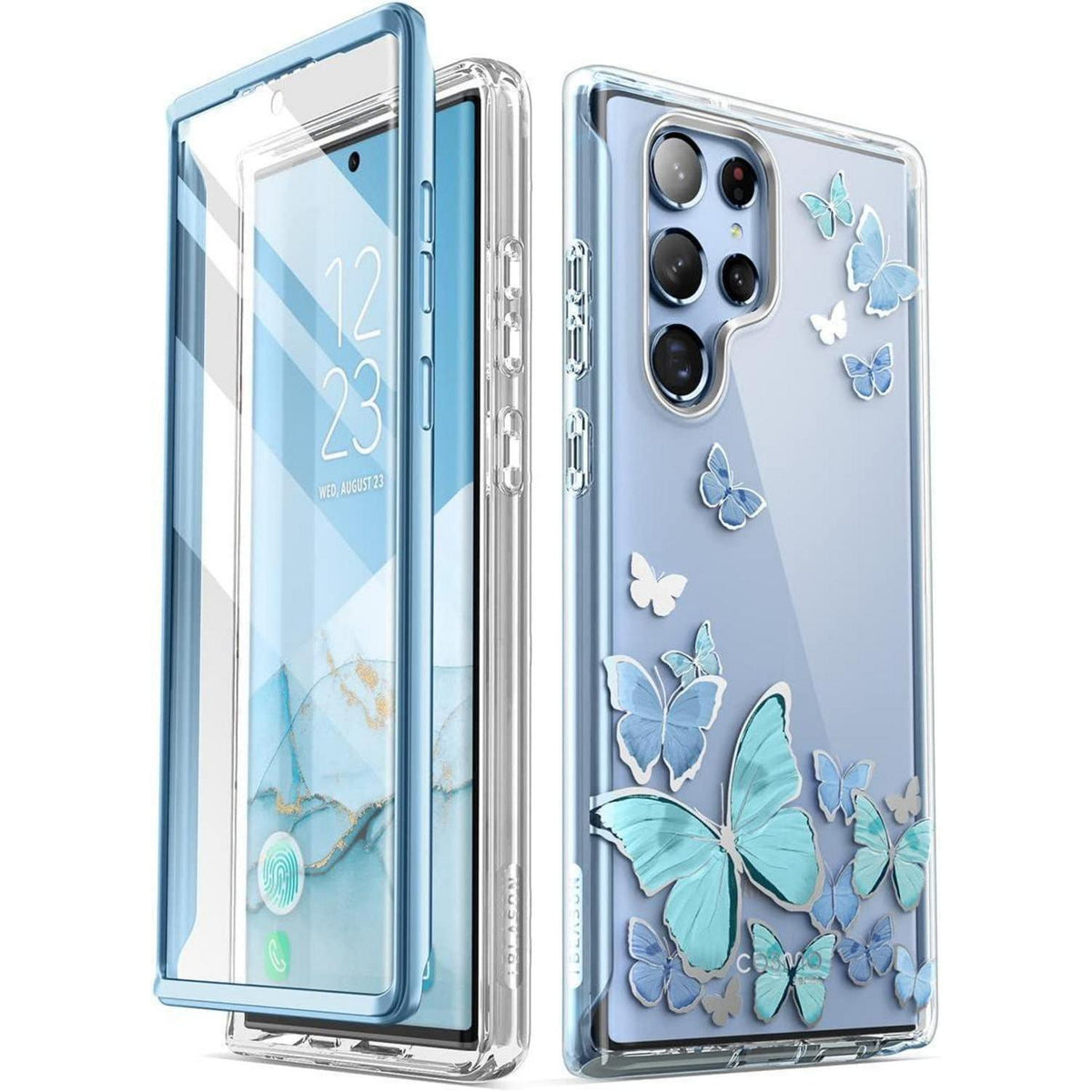 Schutzhülle Samsung S22 Ultra mit Displayschutz, Glitzer Schmetterling Blau