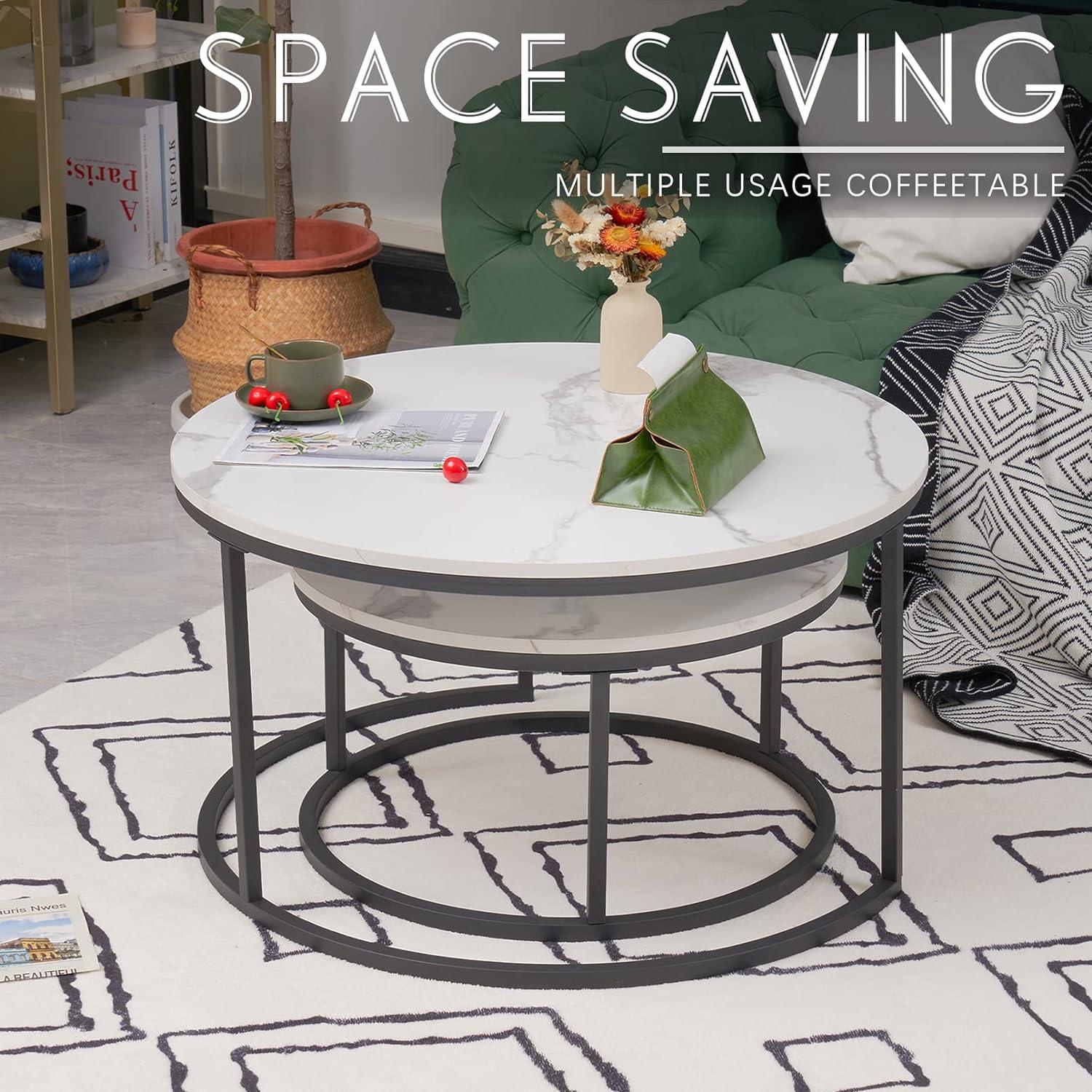 Runde Marmor Couchtische Weiß Schwarz Metallgestell 2er Set