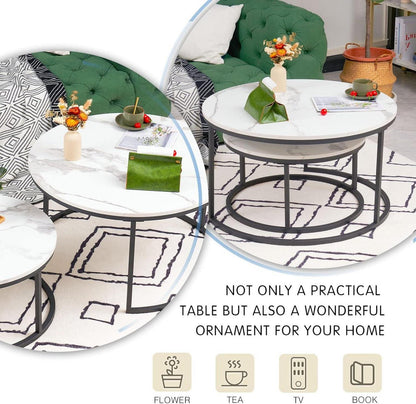 Couchtisch-Set Weiß Marmor Schwarz MetallgestellRund&Moderne