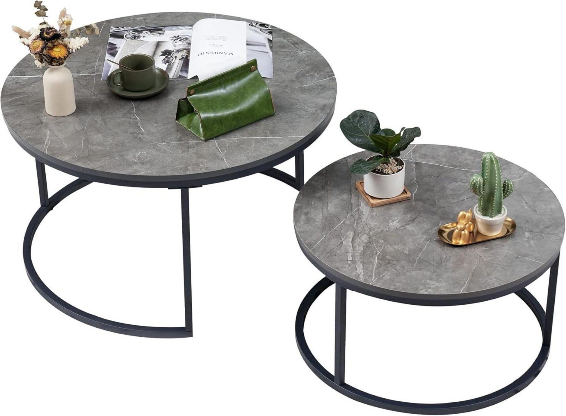 Runder Couchtisch 2er Set Marmoroptik Grau & Metallgestell