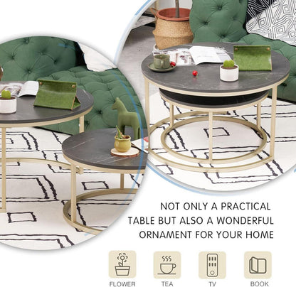Couchtisch Set Schwarz Marmor Gold Metallgestell Rund Modern