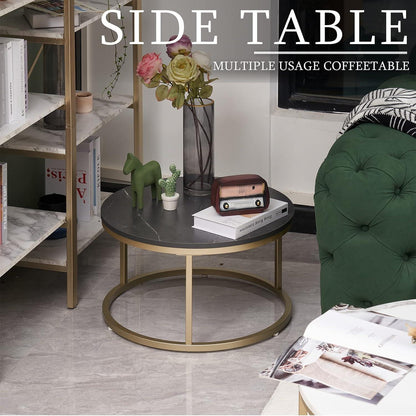 Couchtisch Rund 2er Set Weiß Marmor Gold Metallgestell