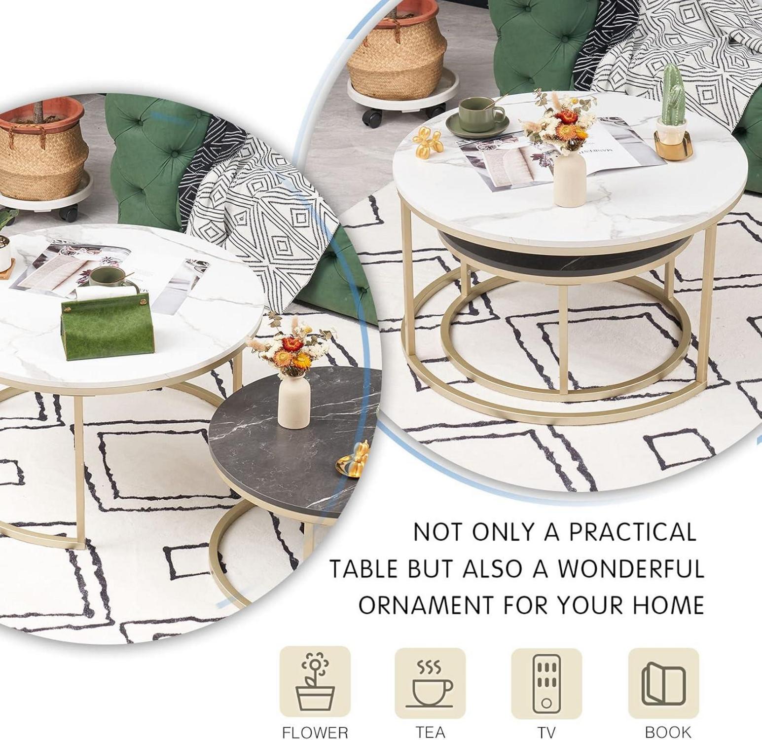 Runder Couchtisch Set Weiß Marmor Gold MetallgestellHOME