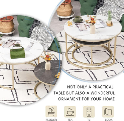 Runder Couchtisch Set Weiß Marmor Gold MetallgestellHOME