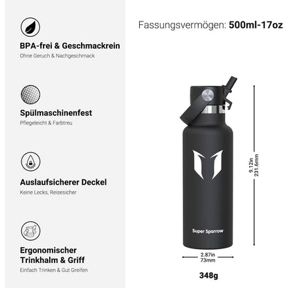 Edelstahl Thermosflasche mit Strohhalm 500ml Schwarz