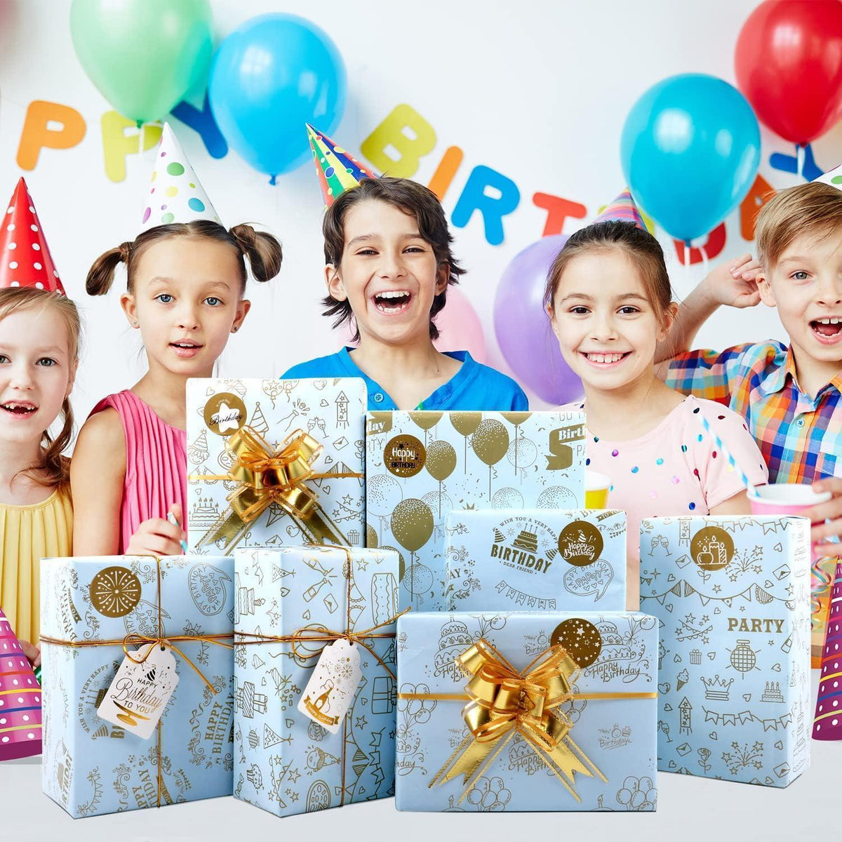 Geschenkpapier Geburtstag Gold, 6 Blatt mit Stickern & Tags