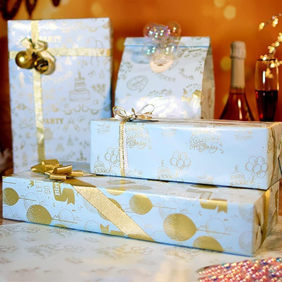 Geschenkpapier Geburtstag Gold, 6 Blatt mit Stickern & Tags