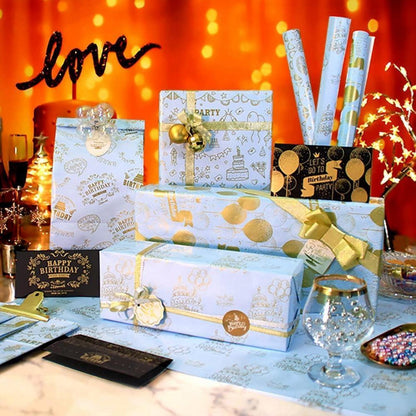 Geschenkpapier Geburtstag Gold, 6 Blatt mit Stickern & Tags