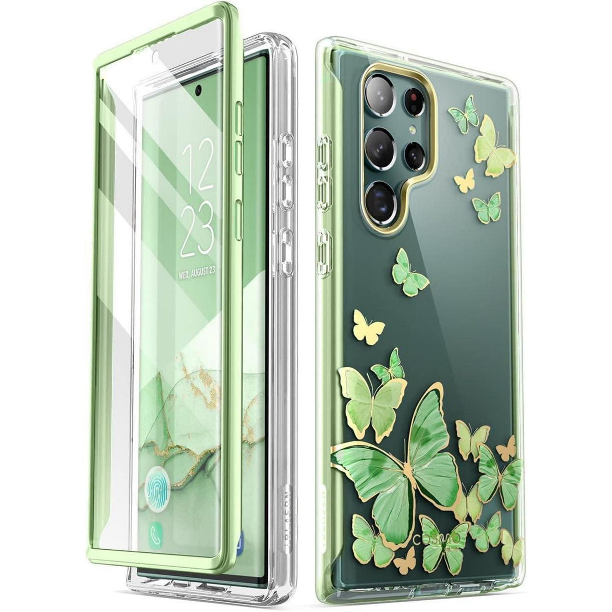 Schutzhülle Samsung S22 Ultra mit Displayschutz & Pailletten (Grüner Schmetterling)
