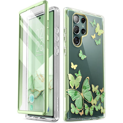 Schutzhülle Samsung S22 Ultra mit Displayschutz & Pailletten (Grüner Schmetterling)