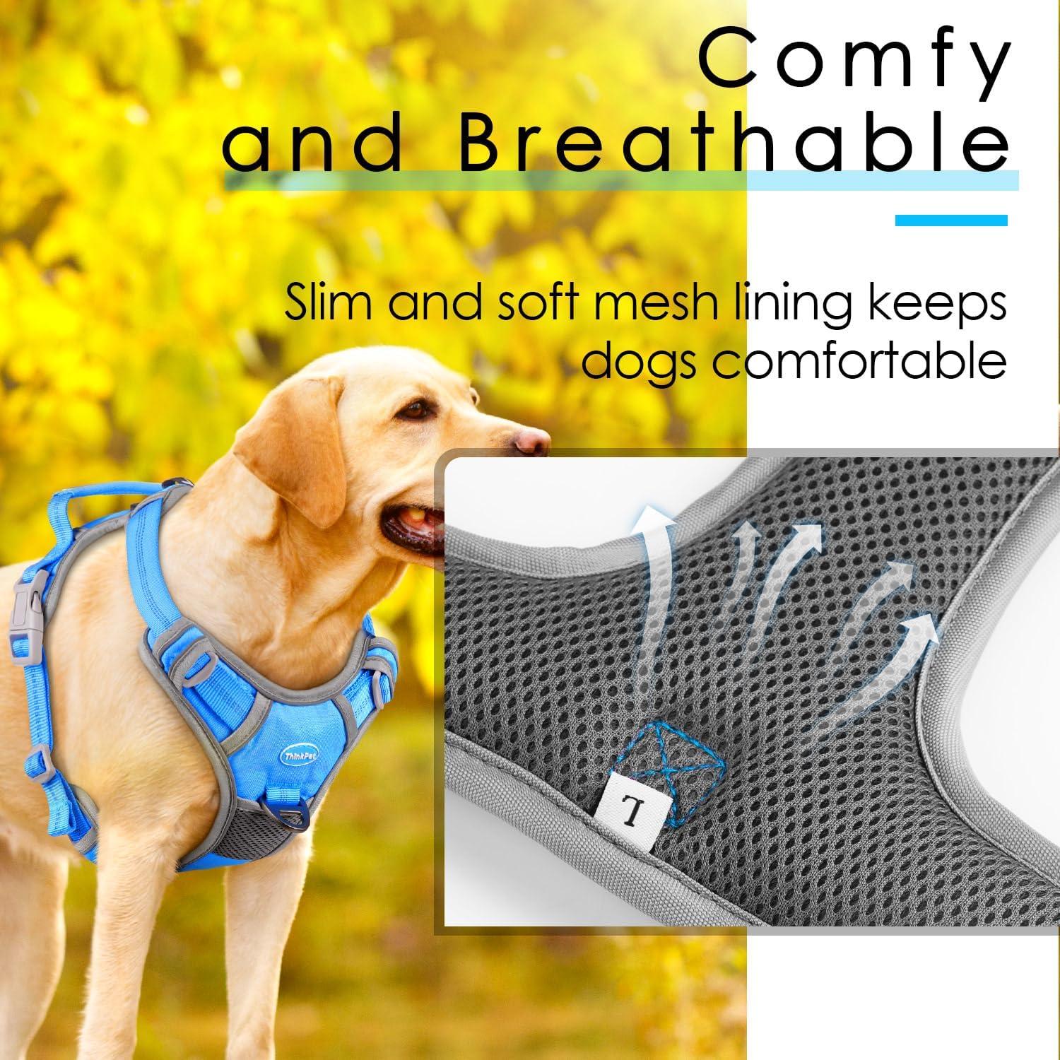 ThinkPet Anti Zug Hundegeschirr mit Griff verstellbar reflektierend atmungsaktiv gepolstert M Blau