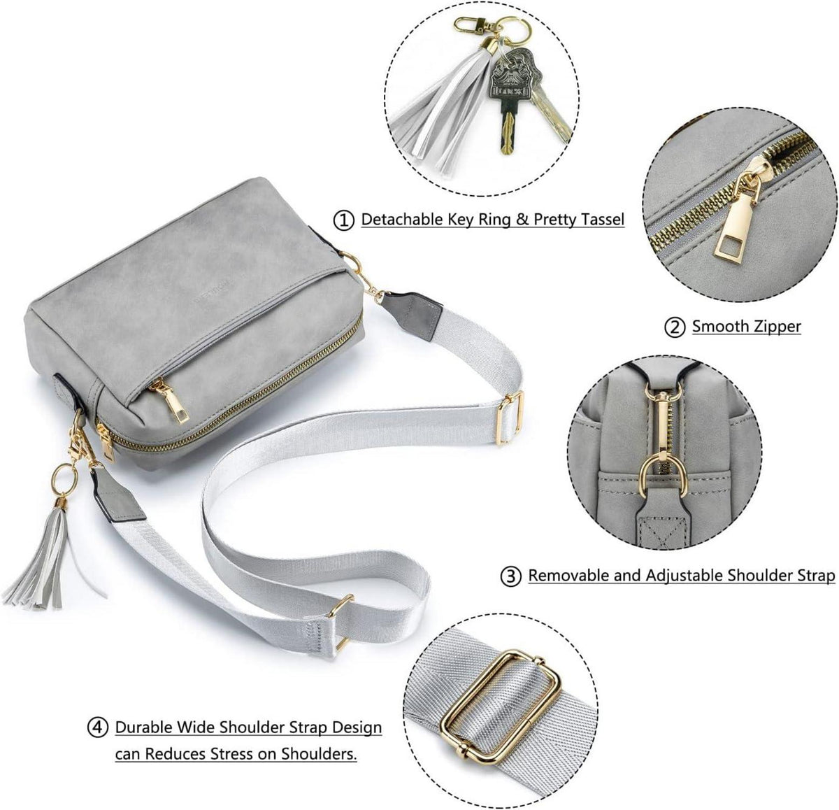Damen Umhängetasche - Veganem Leder Crossbody Schultertasche - A-hellgrau