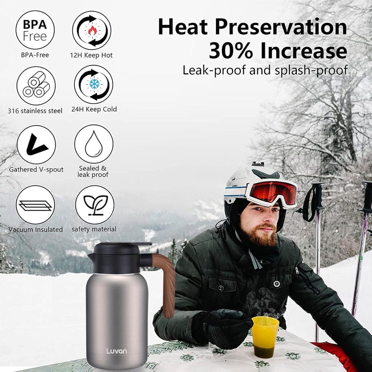 Isolierte Thermoskanne 2L Edelstahl Vakuum Kaffee Plunger