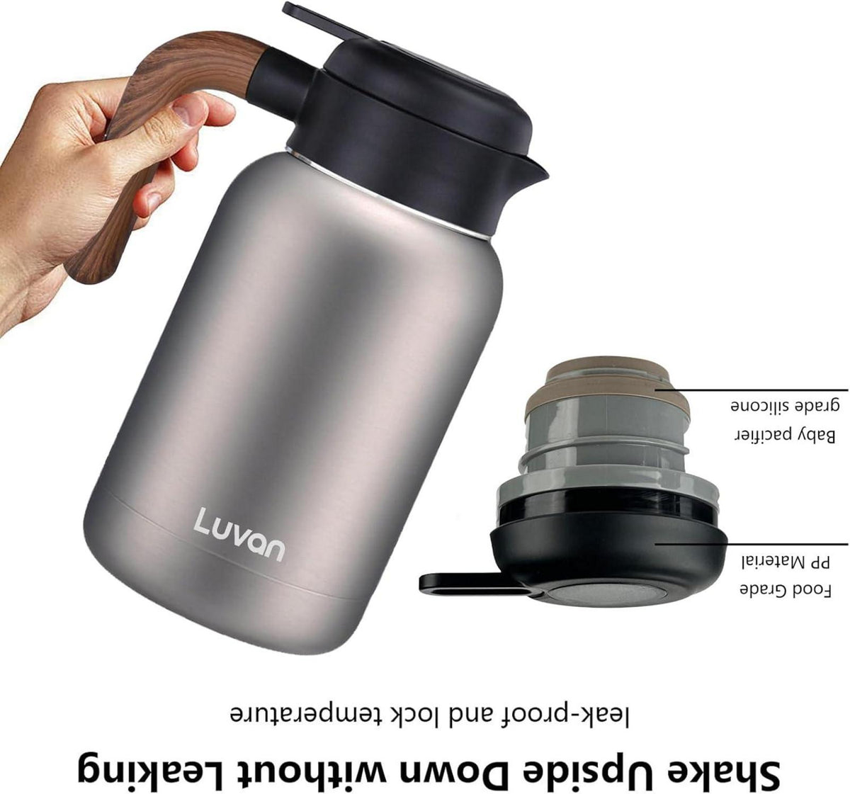 Luvan 2L Thermoskanne Edelstahl Doppelwand Isoliert Kaffee Tee Topf Silber