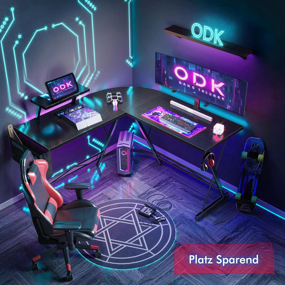 Gaming Tisch Eckschreibtisch L-Form Monitorständer Schwarz 127 x 127