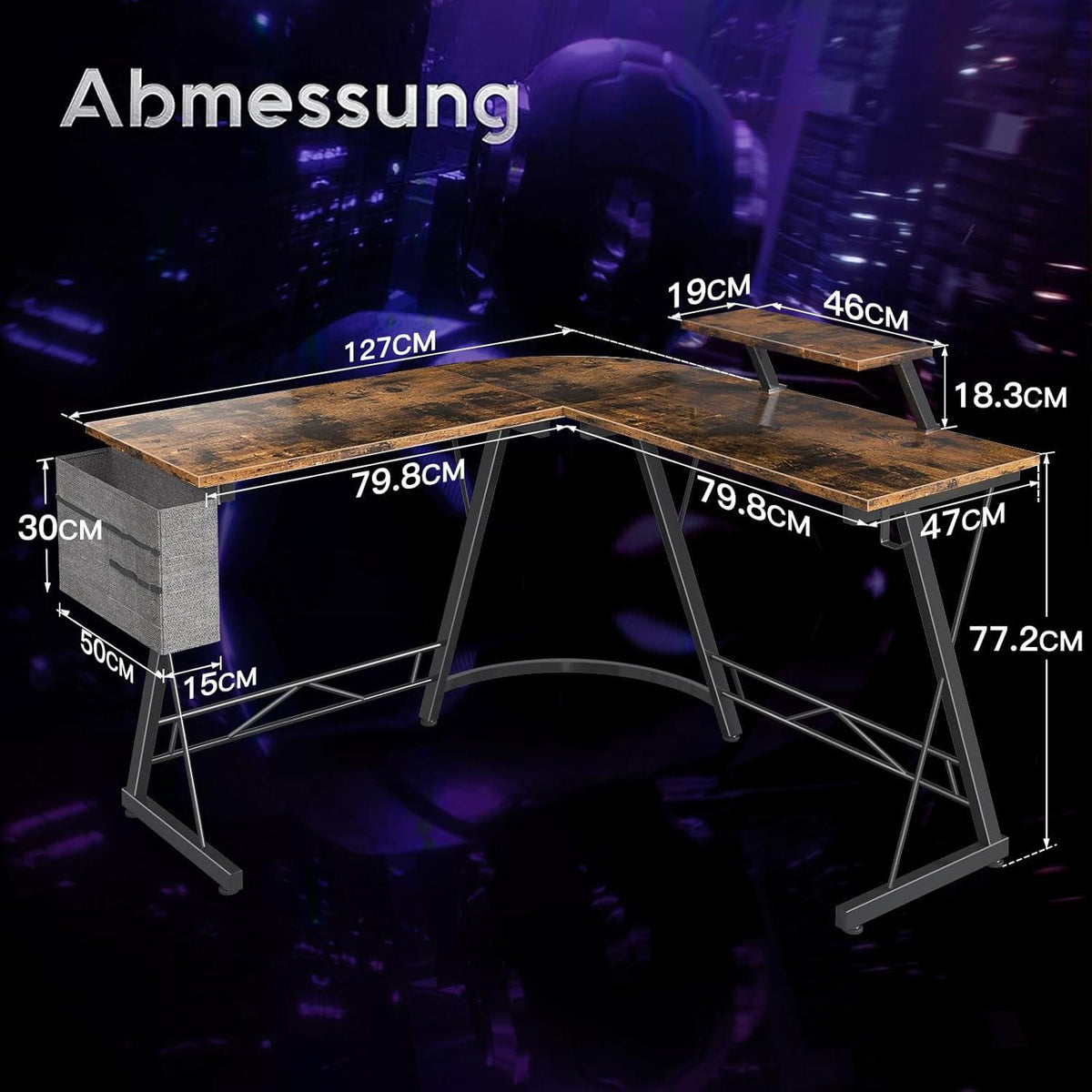 Gaming Tisch Schreibtisch L Form Vintage Braun 127x127 cm Monitorständer