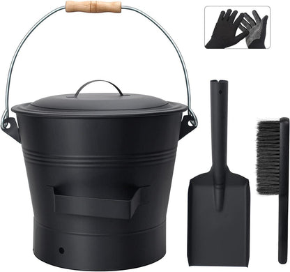 Ascheeimer mit Deckel 10L für Kamine inkl. Schaufel & Handbesen