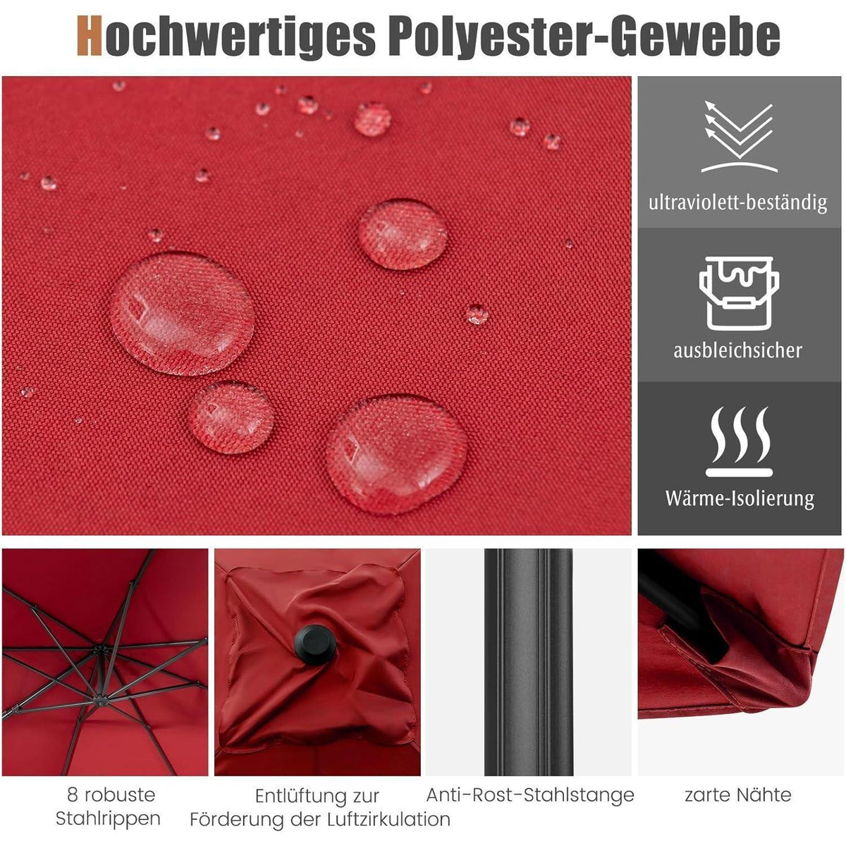 Ampelschirm Ø300cm Weinrot mit Kurbel & 360° Drehung