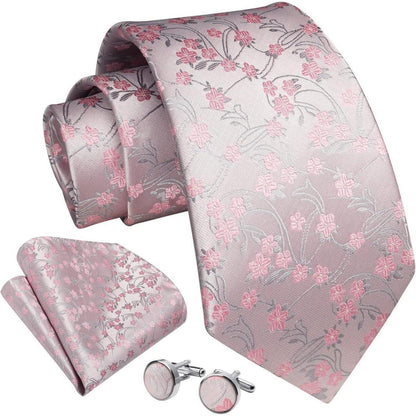 Herren Krawatten-Set Paisley Hell-Pink mit Einstecktuch & Manschettenknöpfen