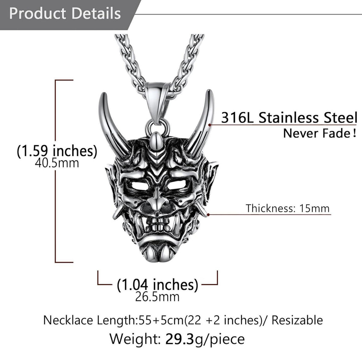U7 Herren Japanischer Dämon Maske Anhänger Edelstahl Halskette Samurai Punk Schmuck
