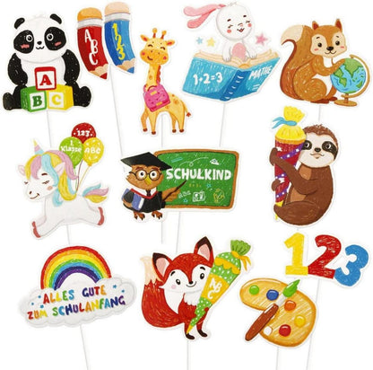 24 Stück Einschulung Cupcake Topper Tiere Wachsmalstift-Stil