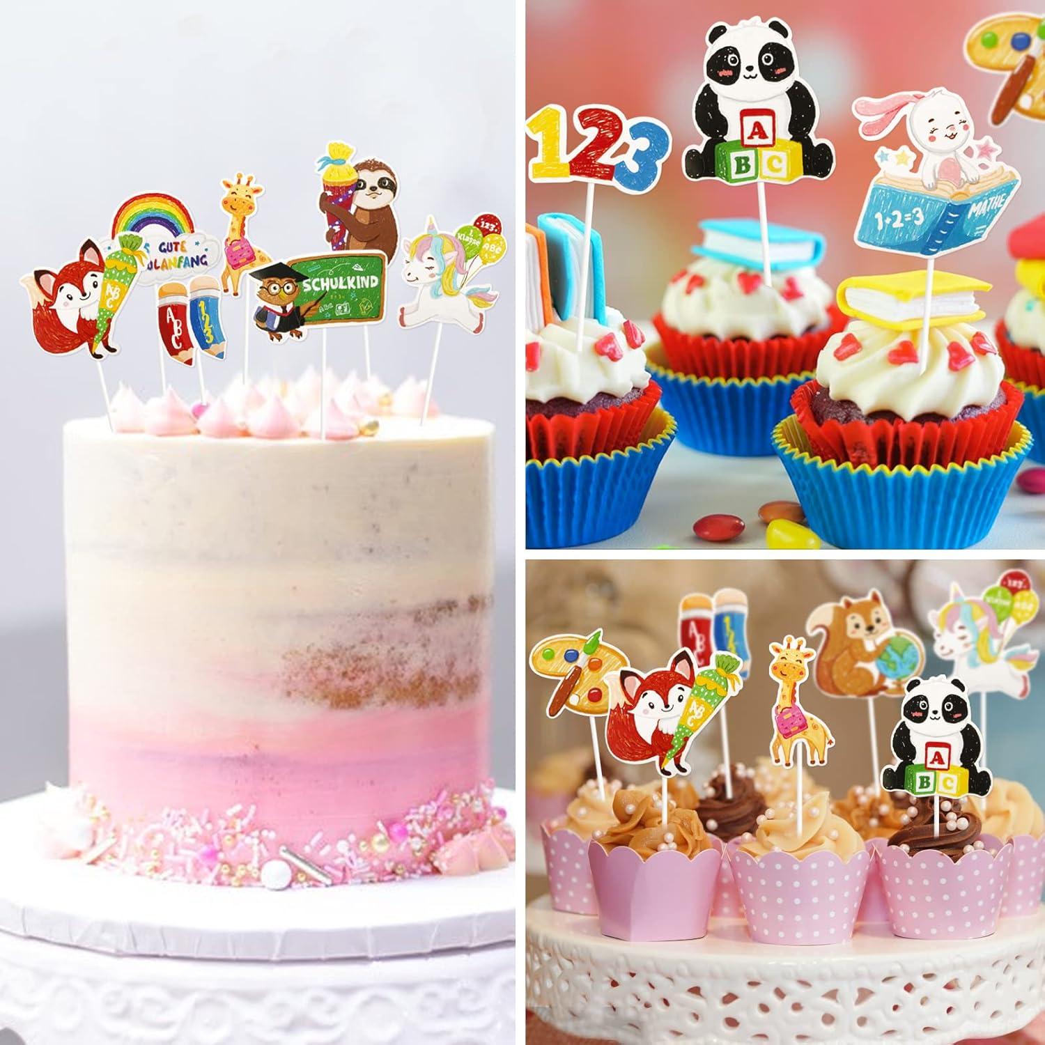 24 Stück Einschulung Cupcake Topper Tiere Wachsmalstift-Stil