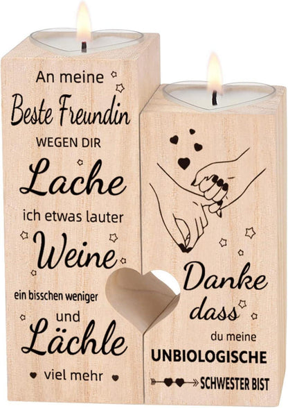 Kerzenhalter mit Herz-Zitat und Teelicht, Holz, inkl. Kerze