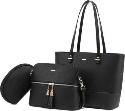 Große Damen Handtasche Set Leder Schultertasche Shopper Schwarz