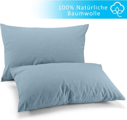 2er Set Kissenbezug 40x60 cm - 100% Gewaschene Baumwolle, Hellblau mit Reißverschluss