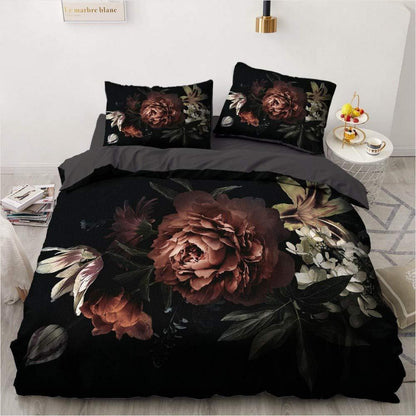 Blumen Bettwäsche Set 135x200cm Schwarz Floral Vintage