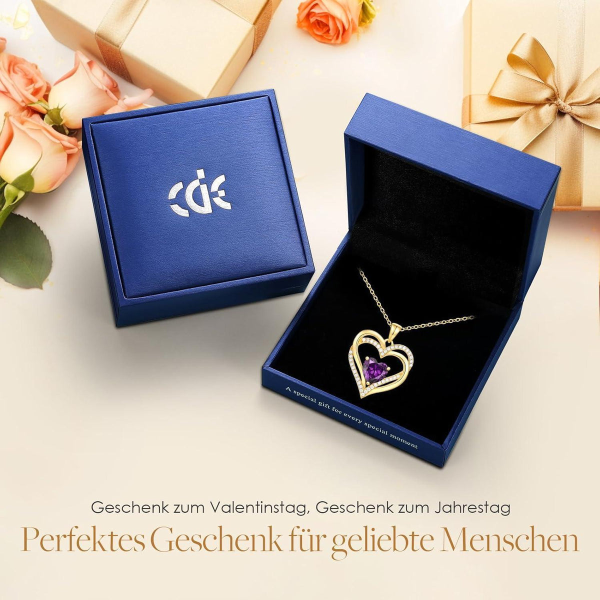 CDE Damen Herzkette 925 Sterling Silber mit Geburtsstein, vergoldet