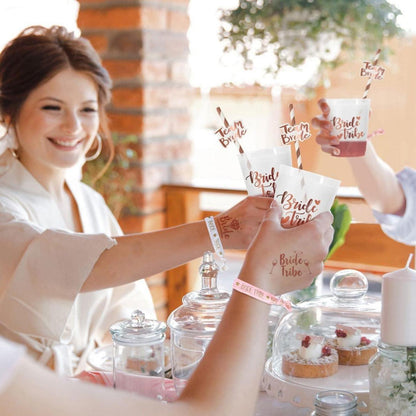 JGA Party Deko Set Rosegold 16-teilig Bride Tribe Cups Strohhalme