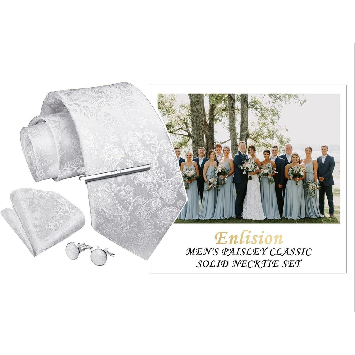 Herren Krawatten Set mit Einstecktuch, Krawattenklammer & Manschettenknöpfen