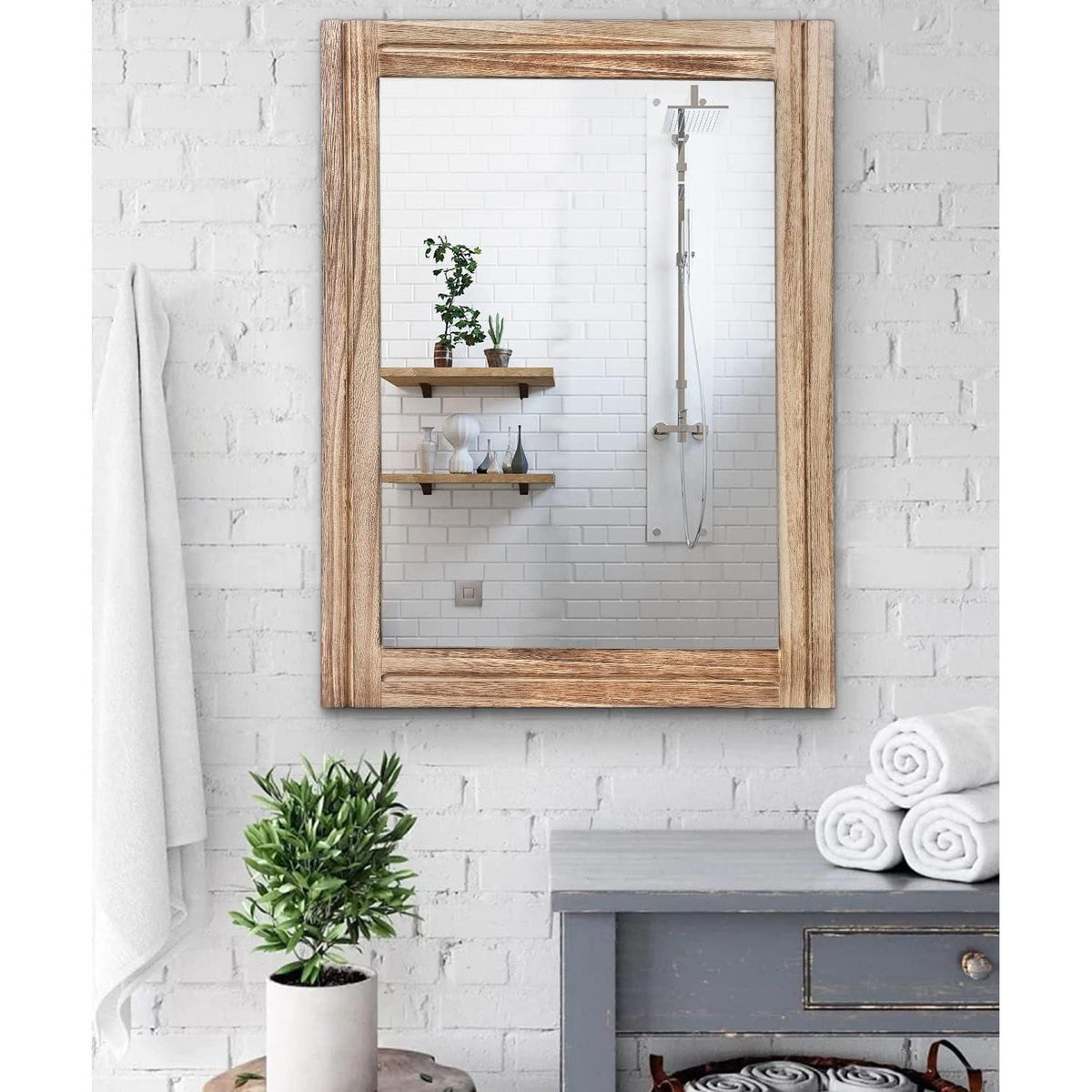 Rustikaler Wandspiegel Holzrahmen 65x45 cm – Schlafzimmer Deko