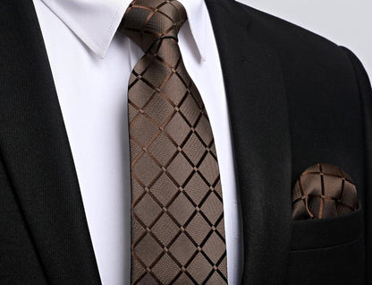 Herren Krawattenset Paisley Kariert Braun Hochzeit Business