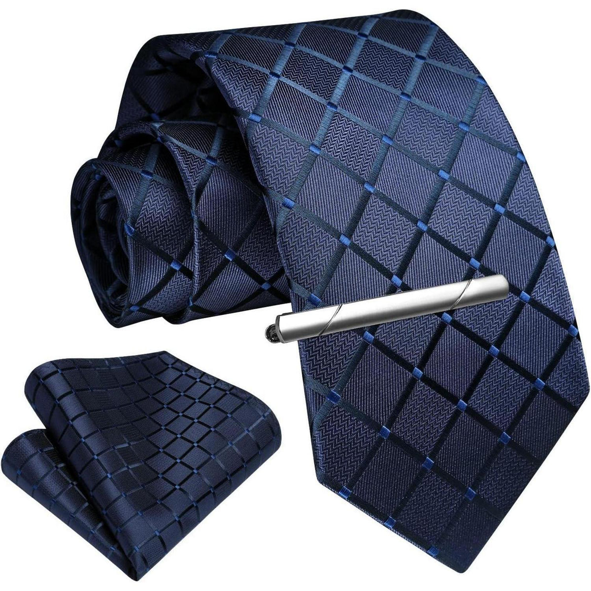 Herren Krawatten-Set mit Einstecktuch und Krawattennadel – Marineblau Kariert
