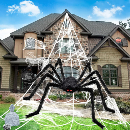 Gruselige Halloween Deko Set: Riesenspinne mit Spinnennetz