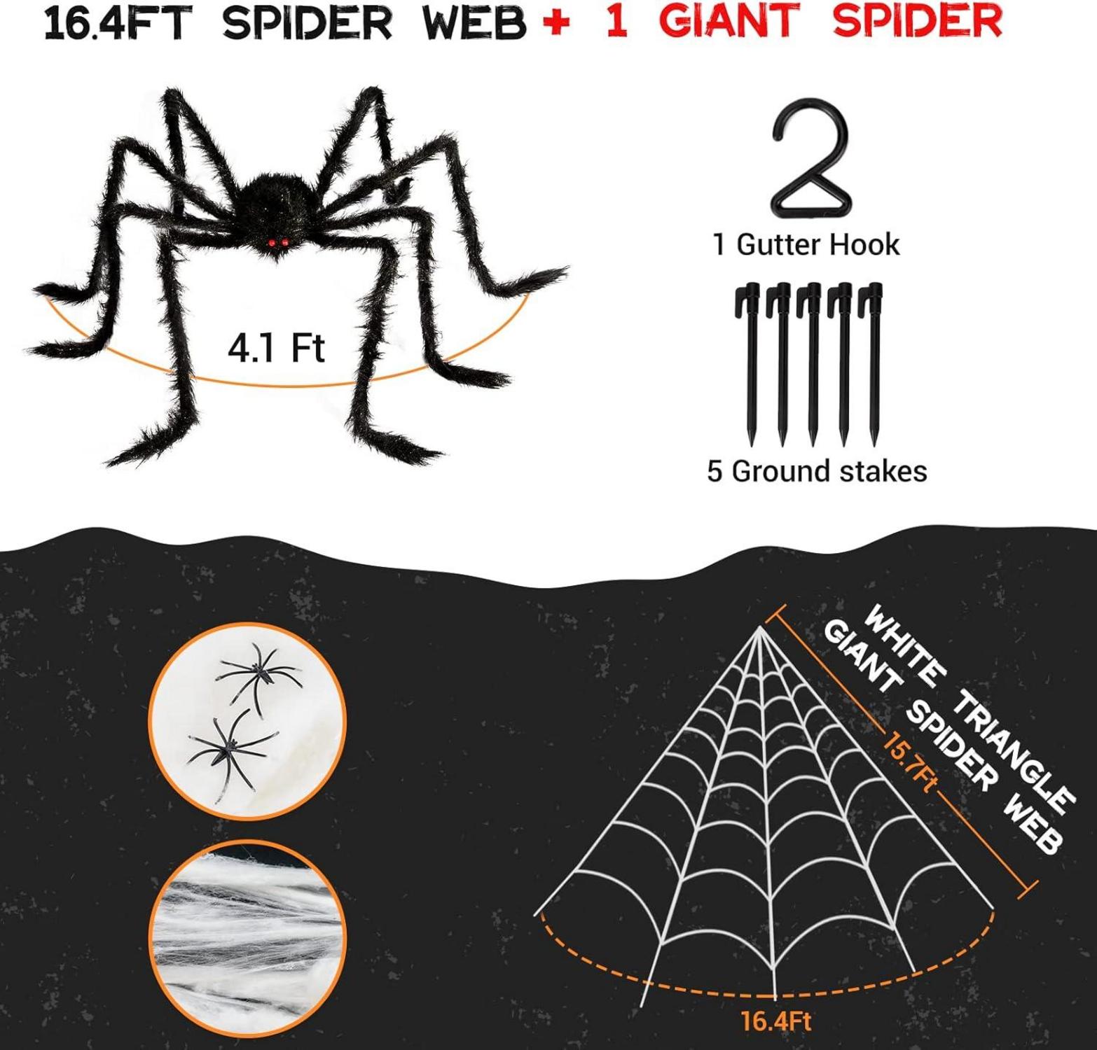 Gruselige Halloween Deko Set: Riesenspinne mit Spinnennetz