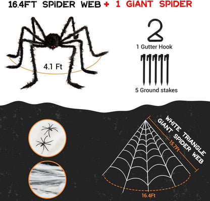 Gruselige Halloween Deko Set: Riesenspinne mit Spinnennetz