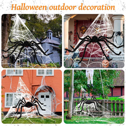 Halloween Deko Spinne Set: Riesenspinne 127cm & Dreieckiges Spinnennetz 50cm