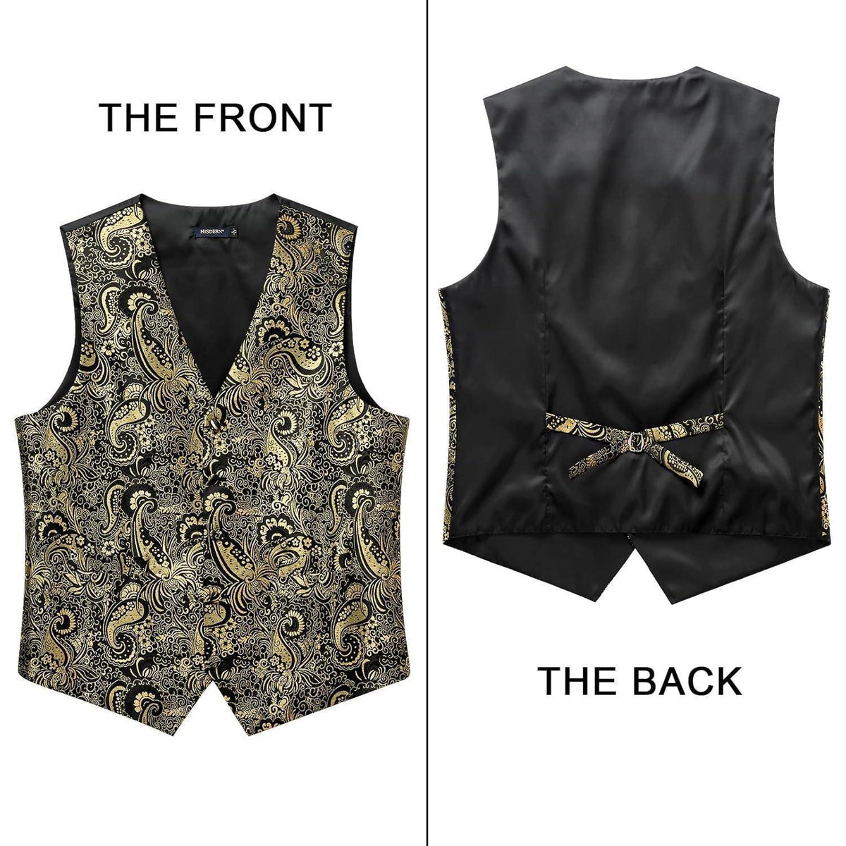 Herren Jacquard Weste Krawatte Einstecktuch Set Gold & Schwarz